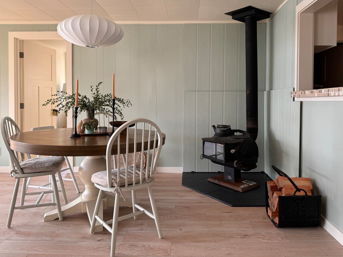 The dining corner and the wood stove.